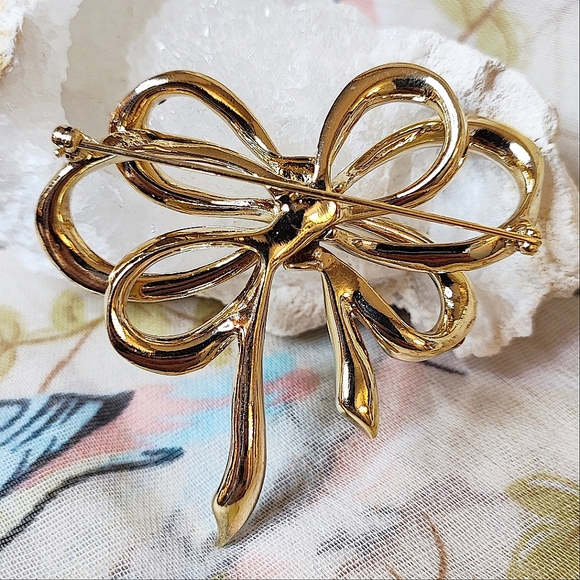 KJL for Avon Kenneth J Lane Vintage Gold Tone Huge Bow Ribbon Rhinestone Brooch - Picture 5 of 11